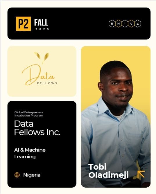 Visual featuring Toby Oladimeji, Founder of Data Fellows Inc., selected for the Global Entrepreneur Incubation Program focusing on AI and machine learning.